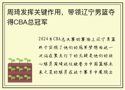 周琦发挥关键作用，带领辽宁男篮夺得CBA总冠军
